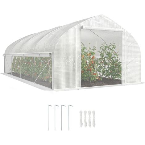 Outsunny invernadero de exterior, 6x3x2 m, invernadero de túnel con 8 ventanas, cubierta de pe, anti-uv y puerta enrollable con cremallera, blanco