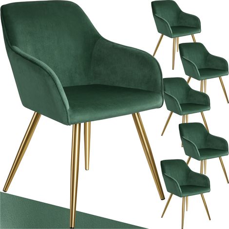 Tectake – Ensemble de 6 chaises rembourrées velours vert foncé – Accoudoirs confortables – Capacité de charge 120 kg – Design scandinave vintage