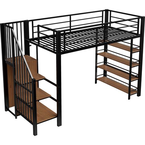 Cama alta 90 x 200 cm de metal negro con escalera, almacenamiento y pequeño vestidor (1/5)