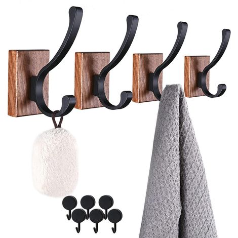 Crochets muraux en bois pour manteaux suspendus - Lot de 4 crochets muraux, crochets porte-serviettes en bois très résistants, crochets manteaux pour suspendre manteaux, clés, sac, serviette, cuisine, (1/5)