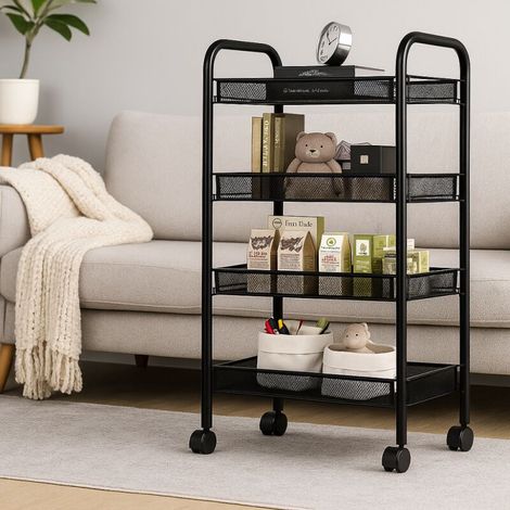 Resserre Métallique Rectangulaire 4 Niveaux à Roulettes - Noir - Desserte de Rangement - L 39 x P 23 x H 77 cm - Livraison gratuite (1/5)