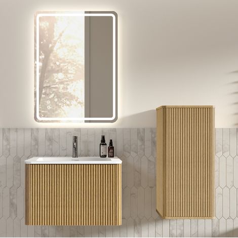 Mueble de baño con lavabo, espejo LED y columna lateral, roble DESVIAE (1/5)