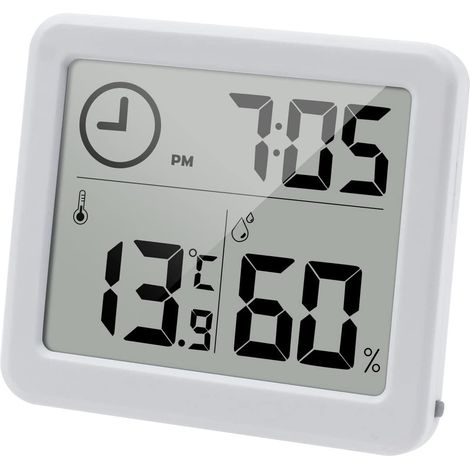 Thermomètre hygromètre intérieur blanc grand écran LCD 3,2 pouces avec horloge, indicateur de température et humidité, appareil de mesure pour chambre, salon, bureau et maison (1/5)