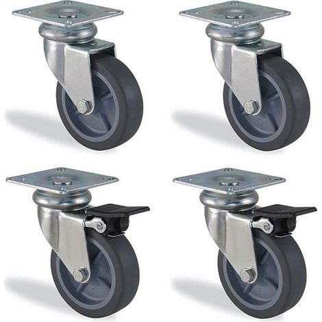 Lot de 4 roulettes pivotantes 50mm – Caoutchouc gris – Charge 120kg – 2 avec frein pour matériel d'atelier – HTR
