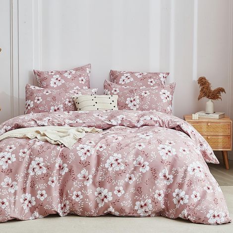 Parure de lit 155 x 220 cm - Vieux rose et blanc - Motif floral - En microfibre - Housse de couette avec 2 taies d'oreiller de 80 x 80 cm - Parure de lit douce avec motif floral romantique (1/5)