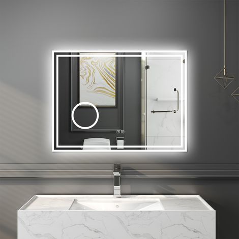 Aica Sanitarios  Espejo de baño con luz LED，80 x 60 cm,luz con tres colores+ brillo ajustable+ antivaho+ bluetooth+ lupa 3x (1/5)