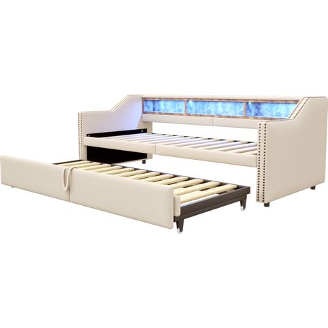 Sofá cama extraíble tapizado beige 90/180 x 200 cm con LED, USB y almacenaje (1/5)