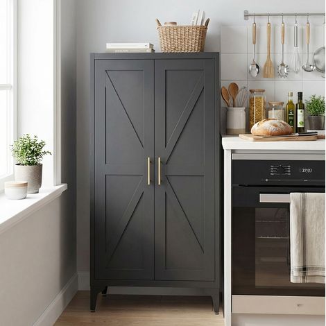 Mobile da cucina in metallo a 2 ante con 3 ripiani regolabili 60 x 30 x 120 cm nero DESVIAE (1/5)