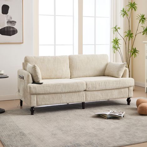 Modernes 2-Sitzer-Sofa aus Chenille mit Holzbeinen, LED-Beleuchtung, USB-Ladeanschluss und Aufbewahrungstasche, 175 x 83 x 78 cm, Beige