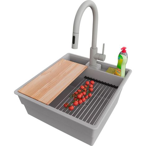 PRIMAGRAN Evier Cuisine en Granit 48x53cm,Lavabo 1 bac + Robinet 40x20cm + Kit de Vidage + Accessoires, Évier à Encastrer au meuble 50cm - New York, Gris (1/5)