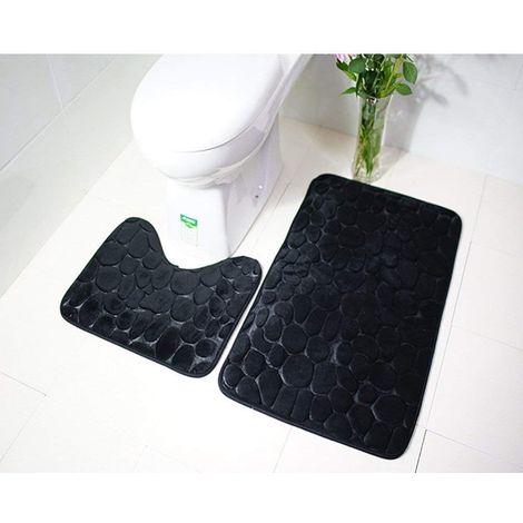 Juego de alfombrilla para pedestal y baño, juego de 2 alfombrillas absorbentes para baño y alfombrilla antideslizante para pedestal de inodoro (negro) (1/5)