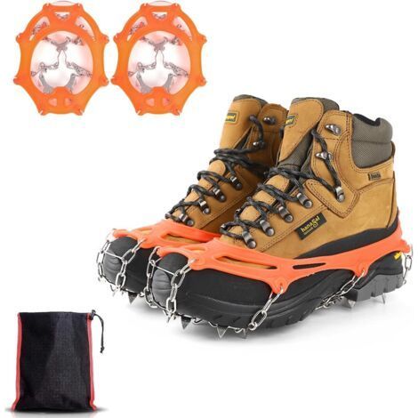 Schneeschuh-Steigeisen (1 Paar), rutschfeste Steigeisen mit 8 Schuhhaken für Ketten, Manganstahl, Schnee, Klettern, Wandern oder Aktivitäten in verschneitem Gelände (Orange) (1/5)