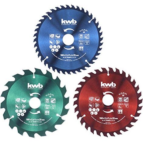 kwb Set di lame circolari 160 x 25/20 / 16 mm per seghe circolari portatili per pannelli e materiali da costruzione in legno incl. anelli di riduzione da 16 e 20 mm (1/4)
