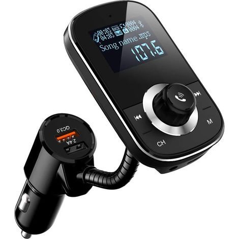 Transmisor FM Bluetooth para coche AIDUCHO QC 3.0 y adaptador de música para coche de 5V/2.4A, kit manos libres inalámbrico para coche, transmisor FM Bluetooth con 2 cargadores USB y entrada auxiliar
