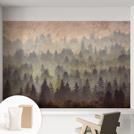 Papier peint intissé mural classique avec imprimé motifs décoratifs design élégant non‑tissé Brume forestière 152x104 cm (1/5)