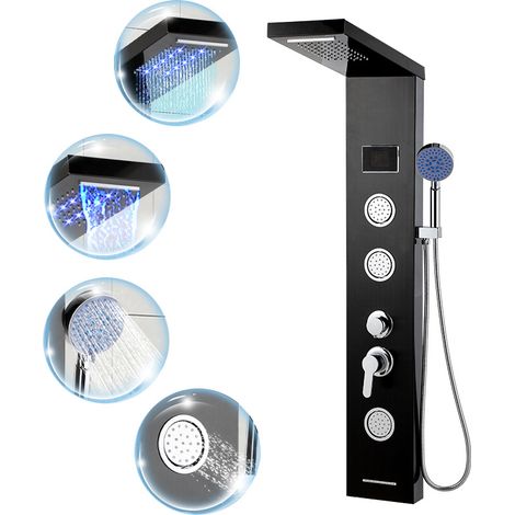 Jiubiaz Colonna doccia idromassaggio con LED nero, acciaio inox 304, 6 getti