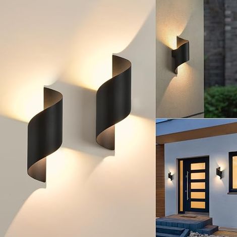 2pcs Applique extérieure Applique murale intérieure/extérieure, lampe blanc chaud 10W, lumière haut-bas, éclairage étanche IP65, spirale métallique pour barre, noire (1/4)