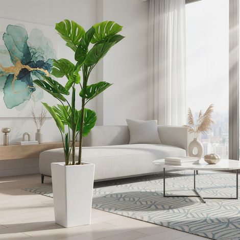 Dracaena artificiel 137 cm, faux yucca en grand pot blanc – Plante intérieur/extérieur pour maison et bureau (1/5)