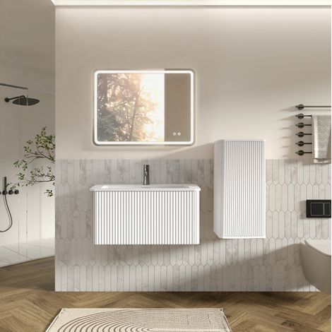 Mueble de baño suspendido con lavabo y espejo LED, 60 cm, blanco HAVRYA (1/5)