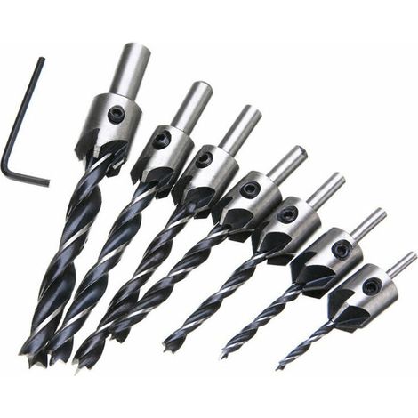 Punta per trapano svasatore per legno, set di punte per trapano svasatore a 5 scanalature, utensile per smussatura per lavorazione del legno in acciaio rapido HSS, 3, 4, 5, 6, 7, 8, 10 mm, con chiave 