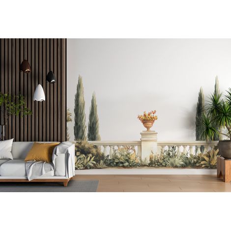 Papier peint campagne - balustrade et cyprès méditerranéens - 150 x 250 cm (1/2)