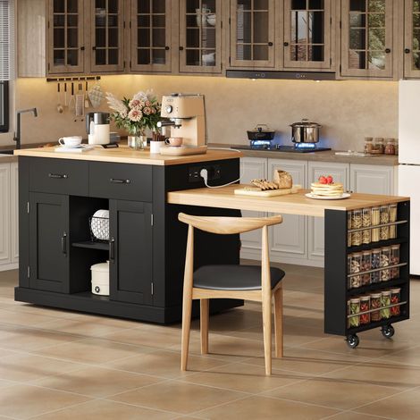 Modernluxe - Îlot central de cuisine avec table extensible, prises intégrées et roulettes, rangement - naturel et noir (1/5)
