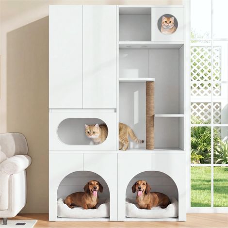 Armoire pour litière de chat, armoire pour animaux de compagnie, armoire de rangement pour animaux, griffoir, pour 2 bacs à litière, avec griffoir et espace de repos, pour chats et chiens, blanc, 140 (1/5)