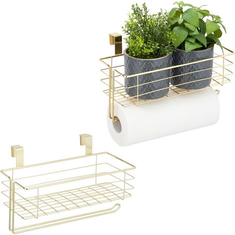2x paniers suspendus avec porte rouleau de cuisine, rangement, cuisine et bain, métal, HxLxP : 18 x 31 x 17 cm, doré