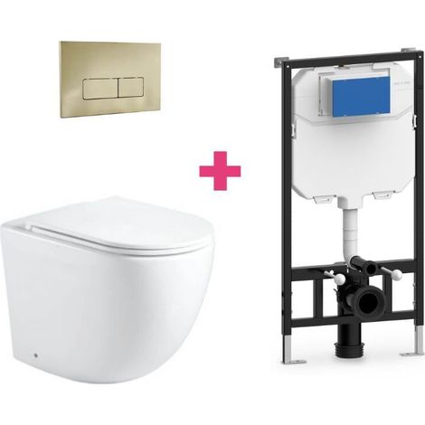 PACK inodoro suspendido cerámica GENOVA con cisterna y pulsador Dorado rectangular