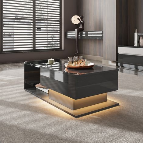 Table basse relevable 100x50x33/47,5 cm noire en panneau de particules et verre trempé avec LED et rangement (1/5)