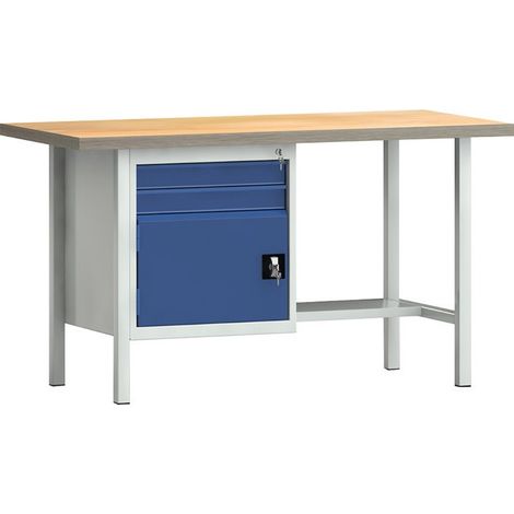 Banco da lavoro PW 700 L. 1500xP700xH840 mm faggio Multiplex grigio chiaro, RAL 7035 blu genziana, RAL 5010 2 disp. 1 porta