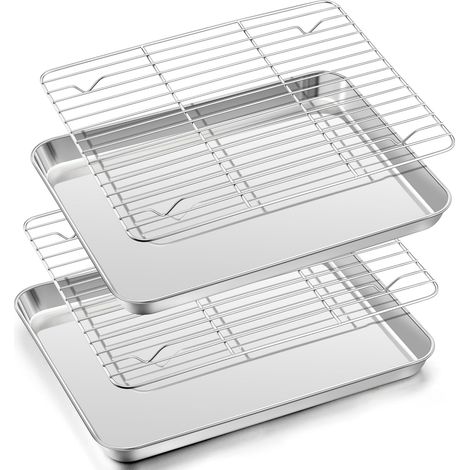 2 Plaques De Cuisson, 2 Grilles De Refroidissement, Acier Inoxydable, Bords Rehaussés, Pour Four Et Pâtisserie