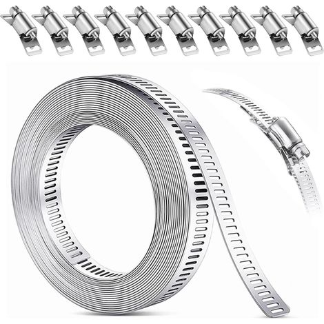 5m Collier de Serrage Métallique 304 Collier Serrage Inox avec 10 Pièces Fixation, Kit de Colliers de Serrage Réglable, pour Tuyaux, Gaz, Eau,Voiture
