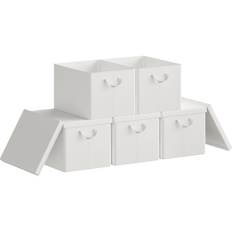 Lot de 5 Boîte de Rangement WOLTU, 48x36x30 cm, avec Couvercle, Coffre de Rangement en Tissu non Tissé, Pliable, Blanc
