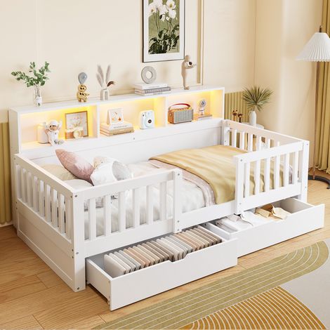 Modernluxe - Lit enfant 90x200 cm - avec LED - avec barrières de sécurité - avec 2 tiroirs et étagères - blanc (sans matelas) (1/5)