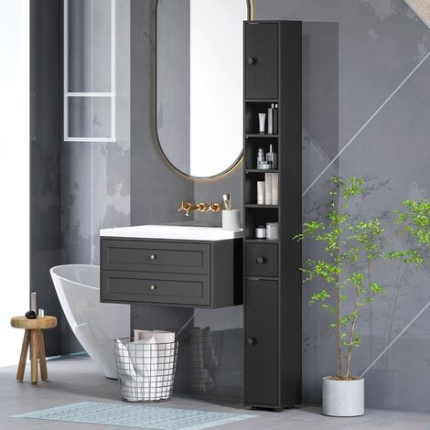 Badezimmerschrank 20x20x180 cm schwarz Holz mit Schublade, 2 Schränken und offenen Fächern (1/5)