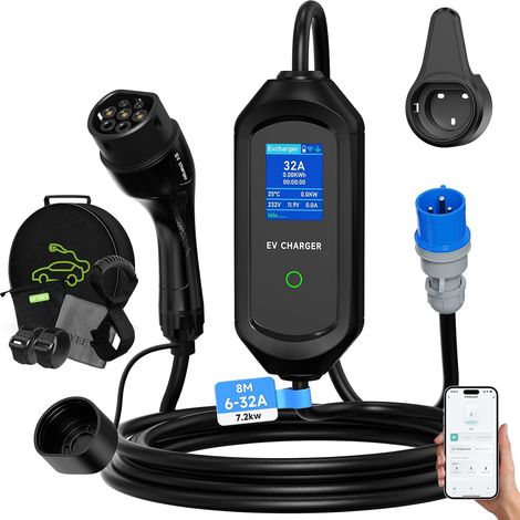 7.2kW Electric Car Charger, 8/10/13/16A/32A Switchable Current, Electric Car Charging Cable with Bag, IEC 62196-2, Type 2, 8M (1/5)