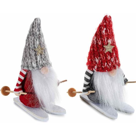 Gnomes de Noël skieurs en tissu avec skis, bâtons et étoile sur le bonnet, à poser, lot de 6, 8x12x H. 15 cm (bonnet déplié)