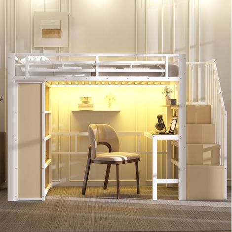 Letto a soppalco moderno in metallo bianco 90x200 cm con scrivania, scaffali, scala contenitore e luce LED (1/5)