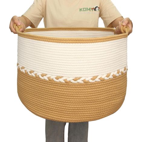 Großer Wäschekorb XXL aus Baumwolle, geflochten, faltbar, waschbar, 65L, Gelb&Weiß (1/5)