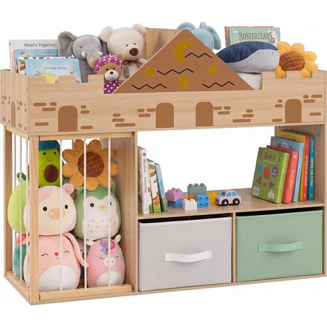 Bibliothèque Enfant en Forme de Château, Meuble de Rangement Jouets avec Organisateur Peluches, Étagères Ouvertes, Compartiments, Tiroirs en Tissu, (1/5)