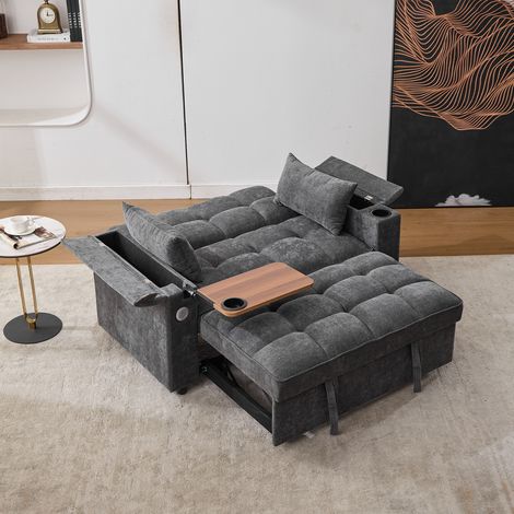 Canapé 2 places convertible gris 140.5x74x82cm, 3-en-1 avec dossier ajustable, ports USB, table escamotable et porte-verres intégrés