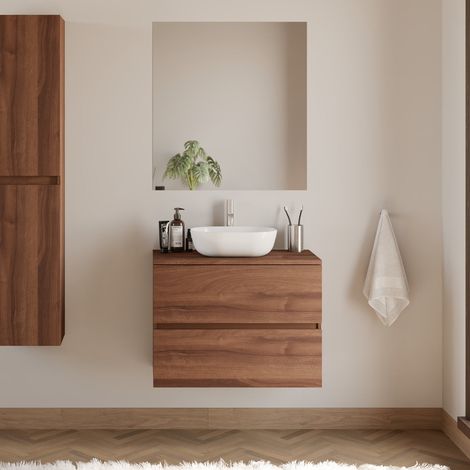 Meuble de salle de bain 60cm avec plateau et vasque à poser arrondie - 2 tiroirs - noyer (bois foncé) - IDA (1/5)