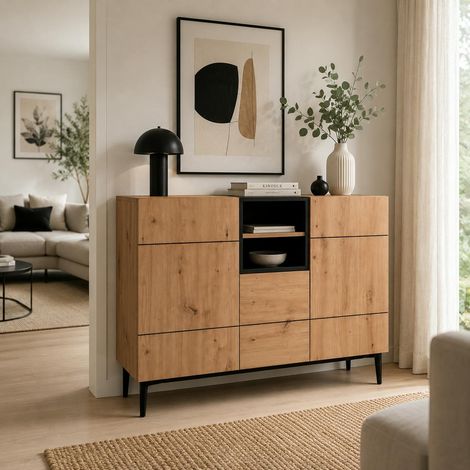 Buffet moderne 3 portes décor bois et noir ALVA (1/5)