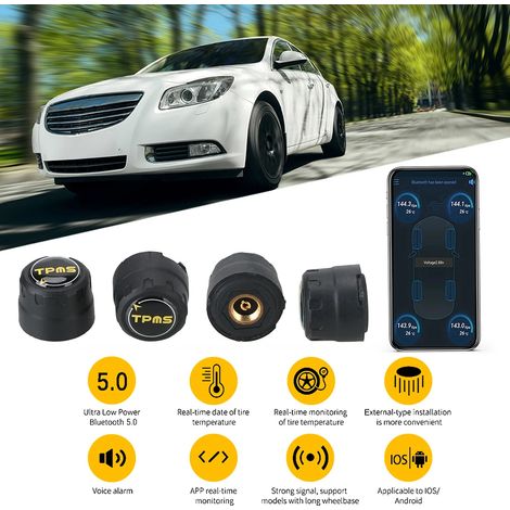 Capteurs de pression des pneus pour voiture (Bluetooth 4.0) - Compatible Android et iOS - BLE - Alarme externe - Universel et étanche (1/5)