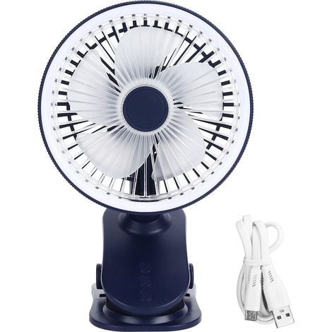 Ventilateur de bureau rechargeable à pince USB, 5 pales, fort débit d'air, silencieux, portable, avec veilleuse, bleu foncé (1/5)