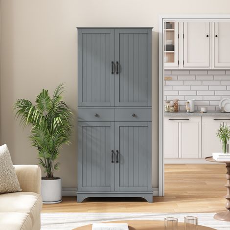 Buffet haut 77x40x181 cm avec étagères réglables, tiroirs et tablettes coulissantes, portes style réfrigérateur - MDF - gris (1/5)