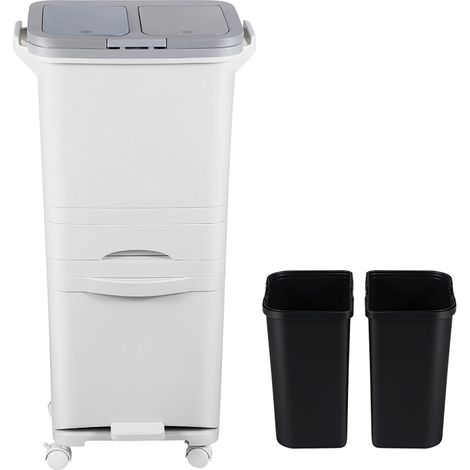 Wolketon Poubelle de tri sélectif 42 L à 3 compartiments, blanche, avec pédale, couvercles à pression, tiroir et roulettes verrouillables (1/5)