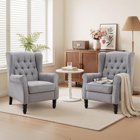 Fauteuil Vintage Mi-Siècle Lot de 2, Fauteuil à Oreilles Rembourré avec Capitonnage Boutonné, Housse en Tissu et Pieds en Bois Massif pour Salon, Bureau, Café - Gris Clair (1/5)