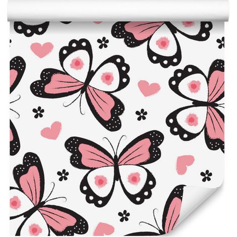 Papel pintado de mariposas, corazones y flores para salón y dormitorio, 50x1000 cm. (1/5)